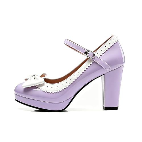 HILIB Woman's high Heel Lolita Shoes Cute Bowknot Mary Jane Shoes, Purple, 8