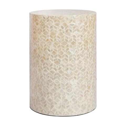 PEMAR Capiz Shell Cylinder Drum End Table Nacre Side Table Stool Round Drum Accent Coffee Bedside Nightstand and Vanity Stool (White Cream) Cover