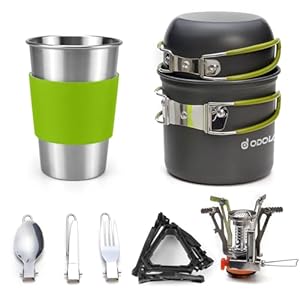 Odoland Camping Cookware Stove Carabiner Canister Stand Tripod and Stainless Steel Cup, Tank Bracket, Fork Spoon Kit for Backpacking, Outdoor Camping Hiking and Picnic