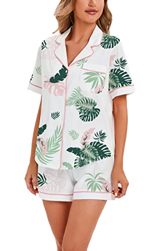 Image of LUBOT 100% Cotton Pajamas for Women 2 Piece PJ Set Button-Down Soft Knit Short Sleeve Summer Sleepwear Loungewear XS-XXL