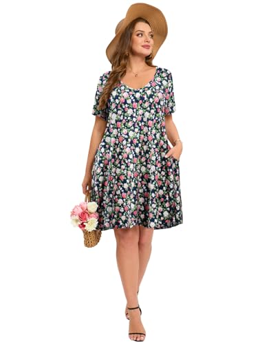 Image of ZENNILO Women's Plus Size Swing Dress with Pockets Casual Summer Dresses V Neck Short Sleeve T Shirt Dress for Women