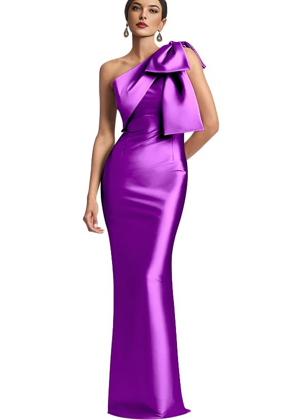 Image of One Shoulder Bridesmaid Dresses with Bow Long Mermaid Satin Back Slit Mother of The Bride Dresses PM004