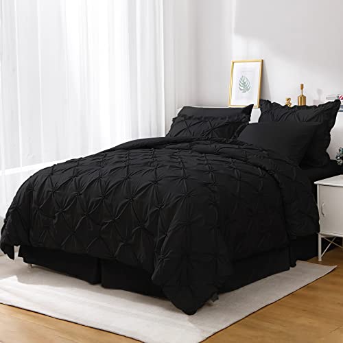 JOLLYVOGUE Black Cal King Size Comforter Sets 7 Pieces, Pintuck Bed in a Bag Comforter Set for Bedroom, Bedding Comforter Sets with Comforter, Sheets,Ruffled Shams & Pillowcases