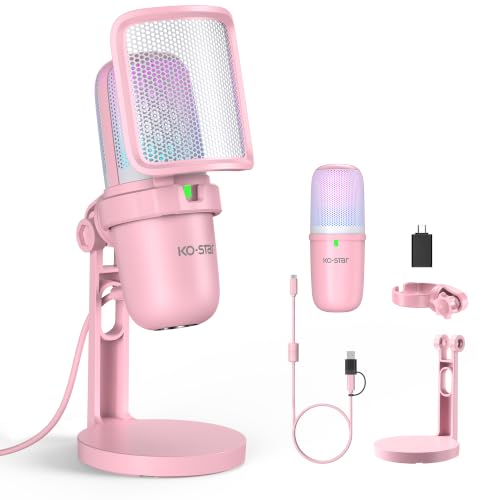 Image of Ko-Star RGB USB Microphone, Pink Gaming Mic for PC, PS5, Laptop, Phone, Condenser Mic with Touch Mute, Pop Filter, Cardioid Pickup, Plug & Play for Streaming, Podcast, Recording, Gaming