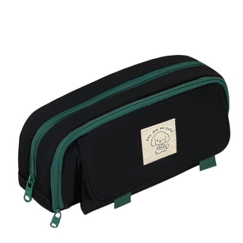 Image of Canvas School Bag Pencil Case, 3 Layer 6 Compartment Large Capacity, Aesthetic Pencil Pouch for Stationary, Cute Stationery for Kids, Pencil Case for Girls & Boys (Green+Black)