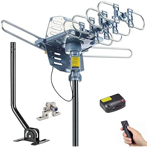 PBD Digital Outdoor TV Antenna, 150 Mile Motorized 360 Degree Rotation Support 2 TVs, Grounding Block, Mounting Pole, 50FT RG6 Coax Cable, Wireless Remote Control, UHF/VHF, Snap-On Installation Cover