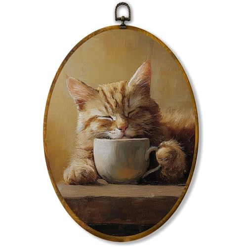 Sleepy Ginger Cat Coffee Wall Art, Vintage Oval Canvas Print, 8.5 x 11.5 in