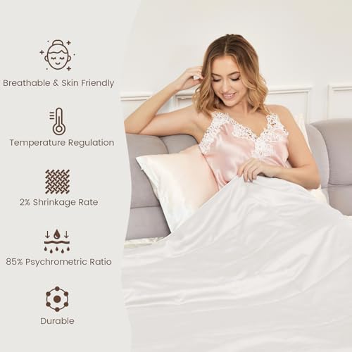 Image of THXSILK All-Season Mulberry Silk Comforter & Blanket, 100% Pure Natural Silk Filling, Lightweight Soft Bed Cover for Bedroom, Sofa, Camping, Cozy Machine Washable Luxury Bedding(King 106 inchx90 inch, White)