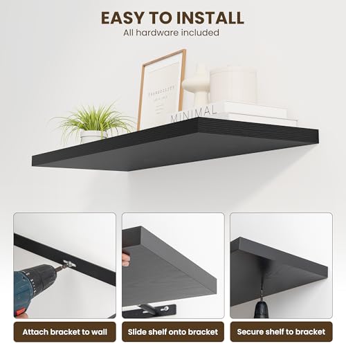 Image of Dreamland 36 inch Floating Shelves for Wall, 12 inch Deep Slim Black Floating Shelves, Wall-Mounted Shelves for Bedroom, Living Room, Kitchen, Bathroom - Set of 2