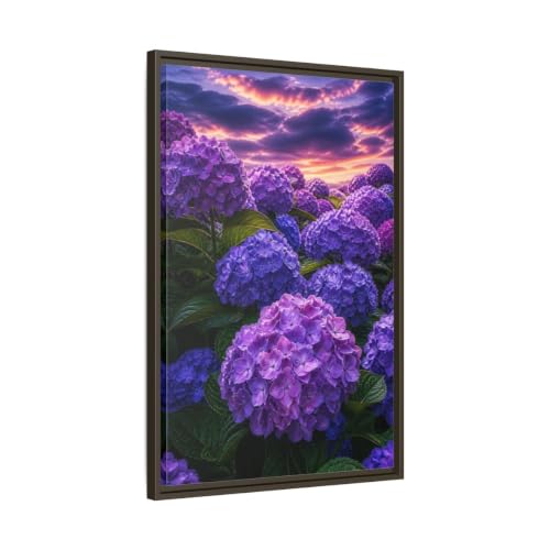 Toile hortensias violets 50x75 déco salon tableau floral vertical cadre en bois 3cm