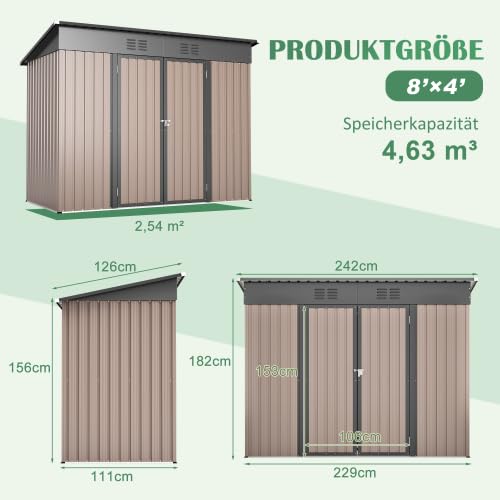 XXL Gartengerätehaus Metall 242x126x182 cm – Wetterfest, Rostfrei, Mit Schiebetür & Belüftung, Ideal Für Fahrräder, Mülltonnen & Gartenschuppen im Garten