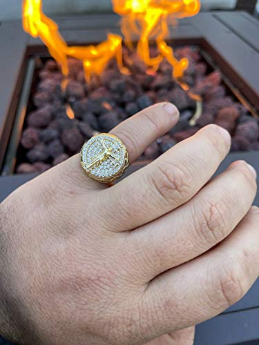 Men's Hip Hop Ring - Solid 925 Sterling Silver 14k Gold Finish - Fully Iced Mens Ring - Jesus On Cross Christian W. Nugget Design3