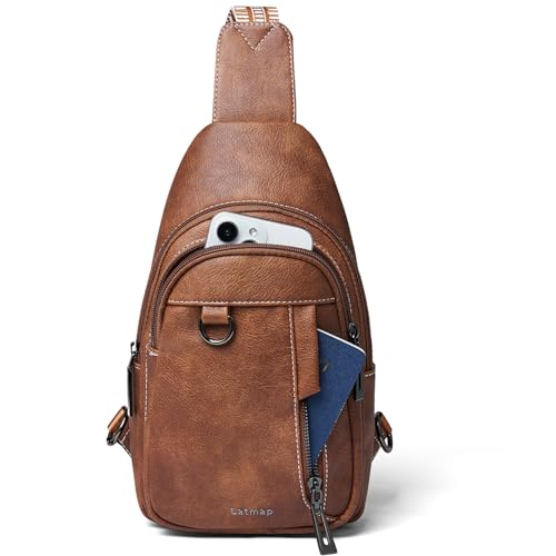 LATMAP Sling Bag - Borsa da donna 7L, piccola tasca sul petto, in pelle PU, regolabile, leggera, cross, borsa da viaggio, marrone