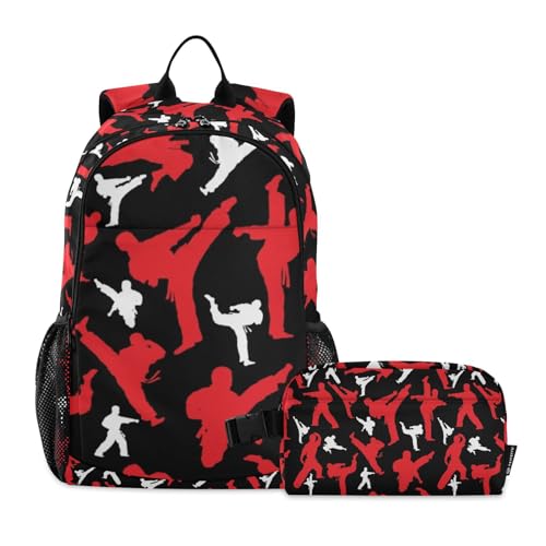 Martial Arts Pattern Backpack Set for Kids Girls Boys Elementary Middle School Bags with Lunch Bag