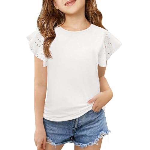 Girls Ruffle Sleeve Shirts Crewneck Eyelet Tee Tops Toddler Casual Cute Blouse Teens Solid Summer Tshirts for Kids