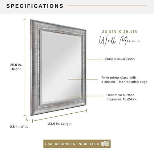 Image of MCS 23.5x29.5 Large Wall Mirror, Sloped Frame with Silver Embossed Detail & Beveled Detail Mirror, Vertical & Horizontal Wall Hanging Mirror for Bathroom, Bedroom & Livingroom