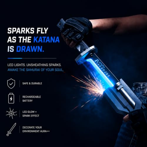 Image of Tinsley Cyberpunk LED Spark Katana Sword with Sound & Fog, Type-C Rechargeable, 7-Color Light Up Glowing Neon Blade, Hit Sensor Katana Toy for Kids & Adults, Cosplay