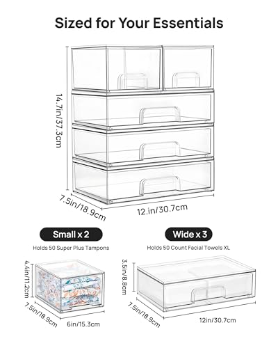 Image of Vtopmart Clear Stackable Storage Drawers Set of 5, Plastic Organizer Bins for Makeup, Cosmetics, Beauty Supplies,Ideal for Vanity, Bathroom,Cabinet,Pantry Organization