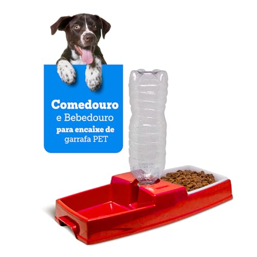 Comedouro e Bebedouro 2 em 1 para Cães, Suporte para Garrafa PET com Prato de Ração, Vermelho