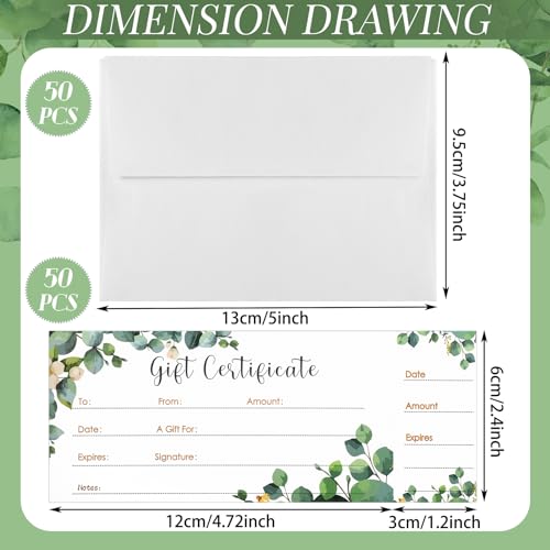 50 Sets Gift Certificate for Business with 50 Pcs Envelopes Blank Gift Certificate Cards with Name and Address Rustic for Beauty Salon Restaurants Birthday Client (Eucalyptus Leaves,4.72 x 2.36 Inch)