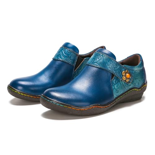 Superladystar's Women Comfy Cowhide Hand Made Flat Shoes, Coloring Painted, Hand Embossed, Retro Style, Walk Shoes2