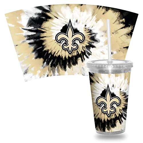 Rico Industries NFL New Orleans Saints Metallic Tye Dye NFL Football Team 16oz Clear Tumbler W/Straw