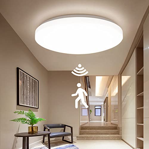 18W LED Plafonnier avec Détecteur de Mouvement 1000LM LED Plafond 4000K Blanc Neutre Étanche IP44, Lampe Plafond Rond Ø30CM Lumière de Plafond pour Couloir Chambre Garage Sous-sol Balcon Cover
