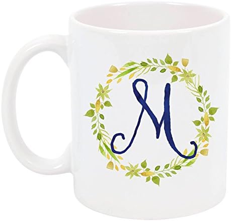 High Tide Mugs Monogram M Letter Initial Ceramic Coffee Mug Floral Design Personalized Gift Under 20, 11 oz.
