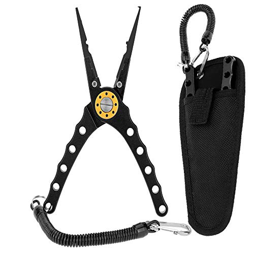Lixada Fishing Pliers Saltwater Aviation Aluminum with Sheath and Lanyard - Braid Cutters Split Ring Pliers Hook Remover Line Cutting Stainless Steel Jaw Fish Holder, Durable & Lightweight