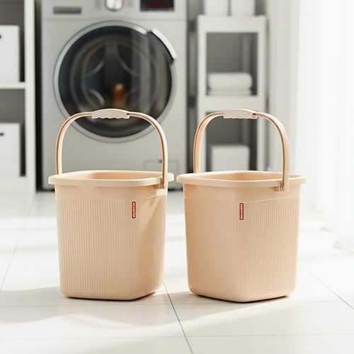 Image of MODWARE 5L Square Bathroom Bucket, Polypropylene, Brown, Space-Saving Design, Anti-Slip Handle, Pack of 2 (Cream)