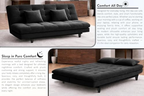 Image of Rosebell Modern Wooden 3-Seater Sofa Cum Bed Foldable Velevt Fabric Sofa for Living Room, Guest Room & Office-Black-Color