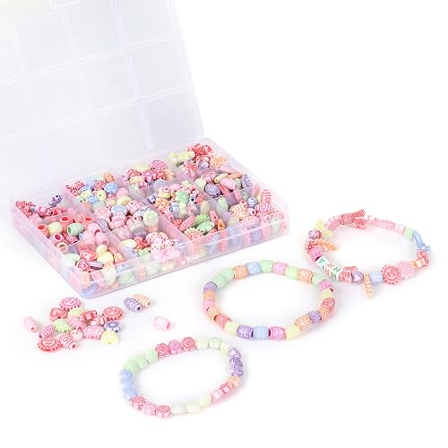 Image of Ambitieux DIY Bracelet Making Kit for Girls - 12 Types Colorful Beads with Charms, Elastic Thread, Earrings, Clasps & Rings - Jewellery Craft Kit for Kids, Birthday Return Gift, Rakhi Special Set for 2 3 4 5 6 7 8 9 10 years (Dual Tone beads)