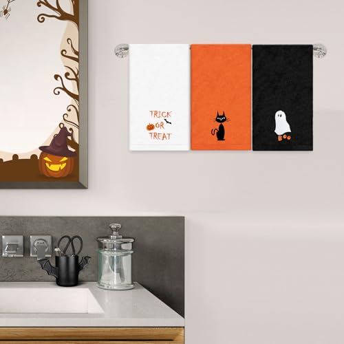 Jarthenaamcs J2970 3Pcs Halloween Hand Towels Embroidered Trick Or Treat Boo Ghost Black Cat Cotton Bathroom Towels Cute Dish Towels thumb #4