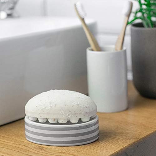 Harbour Housewares 4 Piece Bathroom Accessories Set - Soap Dispenser, Dish, Toothbrush Holder, Toilet Brush - Grey Stripe