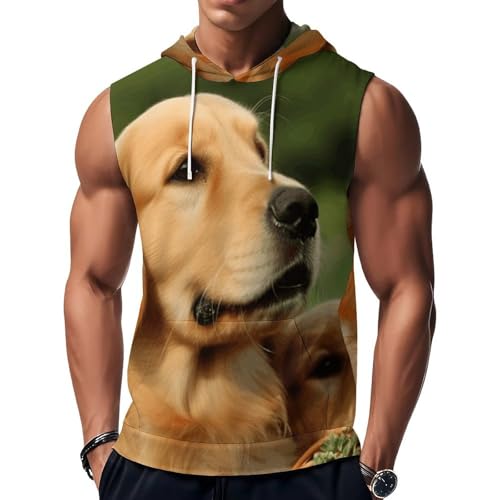 Mens Dog Golden Retriever Sleeveless Hoodie with Pocket Workout Hooded