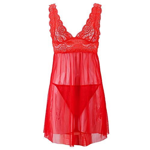 Nuisette sexy dos nu en dentelle transparente et col en V pour femme