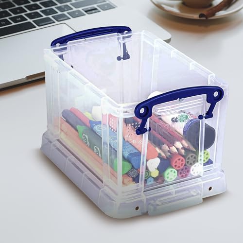 Image of Really Useful Box 1.6 Liter Plastic Stackable Storage Container, 4 Pack | Bin with Snap Lid & Built-In Clip Lock Handles for Home or Office Organization