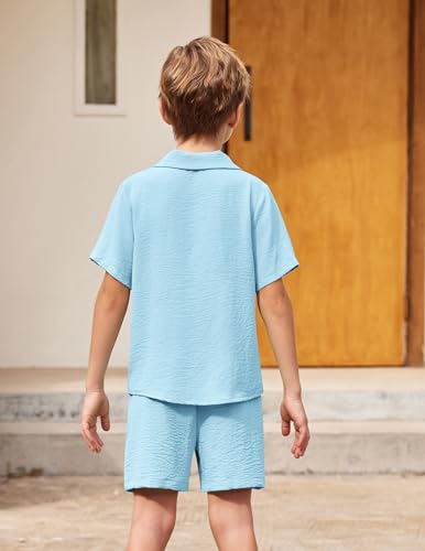 Image of Arshiner Boys 2 Pieces Summer Beach Outfits Short Sleeve Button Down Shirts and Shorts Vacation Texture Sets for Kids