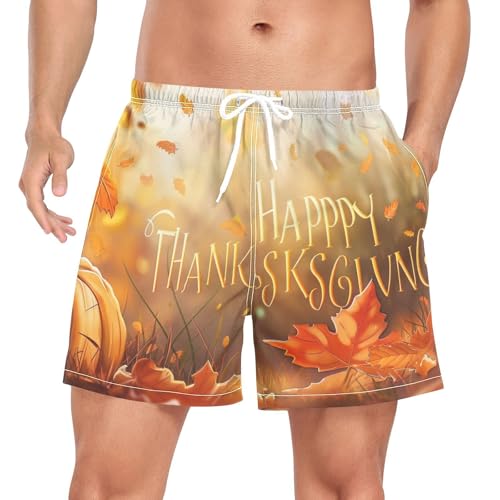 Mens Swim Trunks with Liner, Pumpkin Thanksgiving Autumn Cool Quick Dry Beach Swim Shorts, Swimwear Bathing Suits S