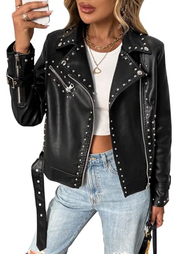 LY VAREY LIN Studded Faux Leather Moto Jacket Women Black PU Biker Coat with Rivets Punk Style