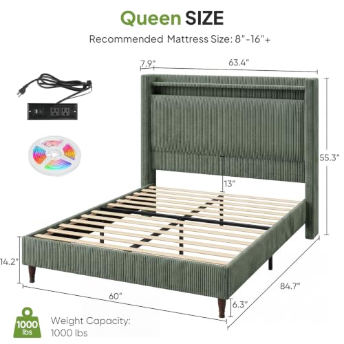 Image of Queen Size Bed Frame with 55.3 inch Tall Headboard, Corduroy Upholstered,Green