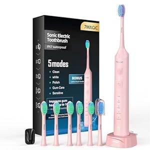 Elektrische Zahnbürste, elektrische Schallzahnbürste, 3 Intensitäten, 5 Modi, 40000 VPM, IPX7, Laufzeit 90 Tage und Timer, Rosa