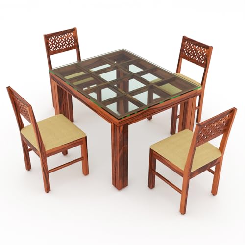 Image of Solid Sheesham Wood Dining Glass Top Table Set of 4| Wooden 4 Seater Dining Table with 4 Chairs with Cushion|Wood Dining Table & Chairs for Home, Restaurant, Dining Room |Honey Finish