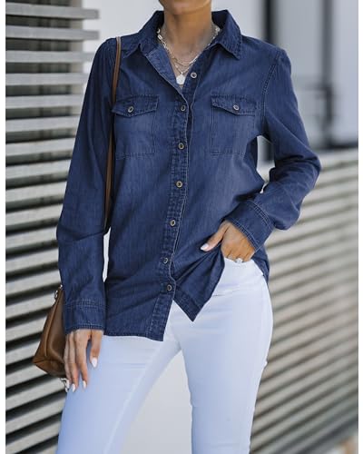 LookbookStore Women's Long Sleeve Collared Shirt Button Down Denim Blouse Tops2