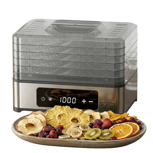 Black+Decker - Déshydrateur alimentaire 400 W | 5 plateaux transparents 29x21 cm | Commande tactile digitale | Température réglable 35-70 °C | Minuteur 48 h | Arrêt automatique | Sans BPA
