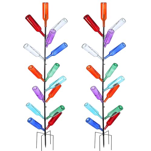 Hoolerry 2 Pcs Wine Bottle Tree Garden Outside Decor 5. 9 ft Wine Bottle Metal Tree Outdoor Decoration Colored Glass Bottle Holder Artificial Trees for Garden Yard Camping Party Decoration