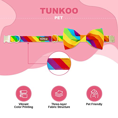 Image of Tunkoo Rainbow Dog Collar with Very Pretty Bow Tie for LGBT Pride Month - Adjustable and Comfortable Collar for Large Medium Small Pet M