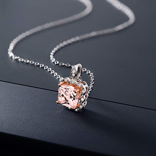 Gem Stone King 925 2 Tone Sterling Silver Peach Color Simulated Morganite Pendant Necklace For Women (4.49 Cttw, Cushion Cut 10MM, with 18 Inch Silver Chain) - Image 5