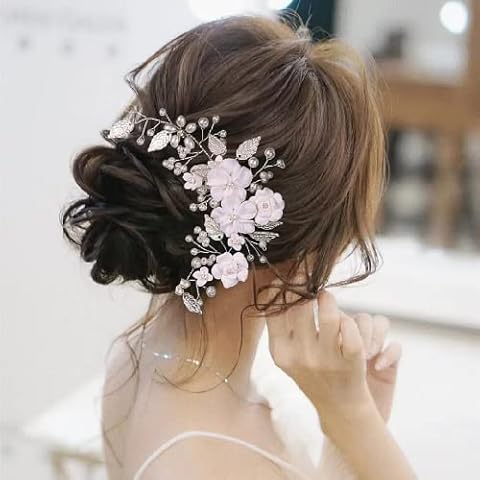 Bride Flower Wedding Hair Vines Silver Crystal Headbands Vakkery Flower Bride Wedding Hair Vine Decorative Wedding Hair Comb Hair Accessories Cover