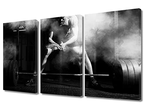 Wall Decor Muscular Weightlifter Clapping Hands and Preparing for Workout at a Gym Posters and Prints 3 Piece Fitness Equipment Art Prints Wall Decor Living Room Framed Ready to Hang (36"Wx24"H)
